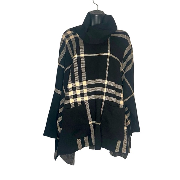 JOSEPH RIBKOFF BLACK/OATMEAL COWL NECK PLAID PONCHO - Picture 2 of 12